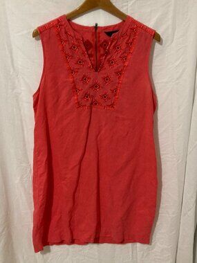 JCrew Womens L Red Sleeveless Geo Print Boho Sheath Dress Loose Linen Cotton